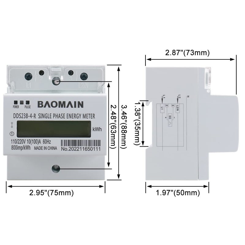 Baomain عداد كيلووات ساعة أحادي الطور ثلاثي الأسلاك DDS238-4-R 10A(100A),110V/220VAC,60Hz, شاشة LCD لقياس الطاقة للأنظمة الكهربائية - Image 4