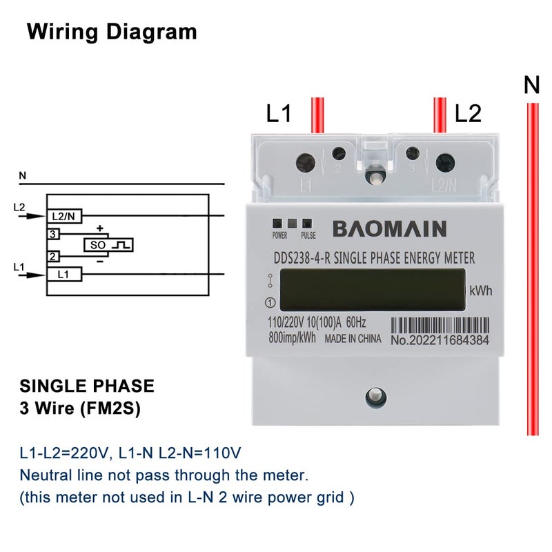 Baomain عداد كيلووات ساعة أحادي الطور ثلاثي الأسلاك DDS238-4-R 10A(100A),110V/220VAC,60Hz, شاشة LCD لقياس الطاقة للأنظمة الكهربائية - Image 3