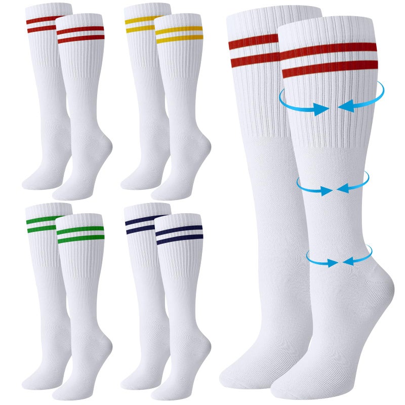 Chuarry 4 Pairs Compression Striped Socks for Women Men 15-20 Mmhg Athletic White Knee High Stockings with Retro Colorful Stripes Cotton Support Long Socks for Sports Gym Training Running Hiking - Image 1