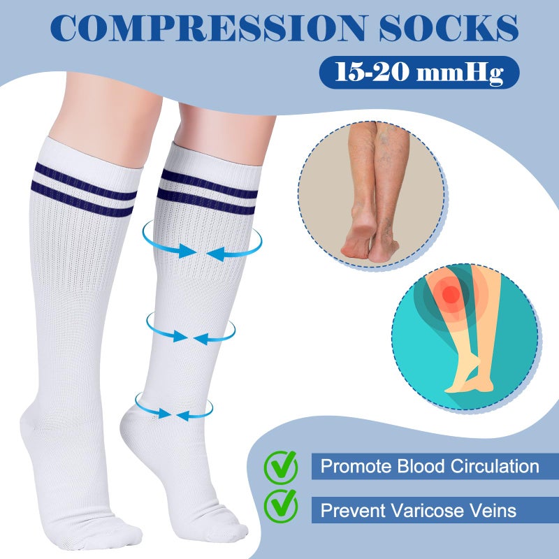 Chuarry 4 Pairs Compression Striped Socks for Women Men 15-20 Mmhg Athletic White Knee High Stockings with Retro Colorful Stripes Cotton Support Long Socks for Sports Gym Training Running Hiking - Image 4