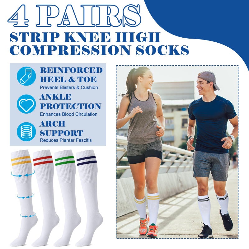 Chuarry 4 Pairs Compression Striped Socks for Women Men 15-20 Mmhg Athletic White Knee High Stockings with Retro Colorful Stripes Cotton Support Long Socks for Sports Gym Training Running Hiking - Image 3