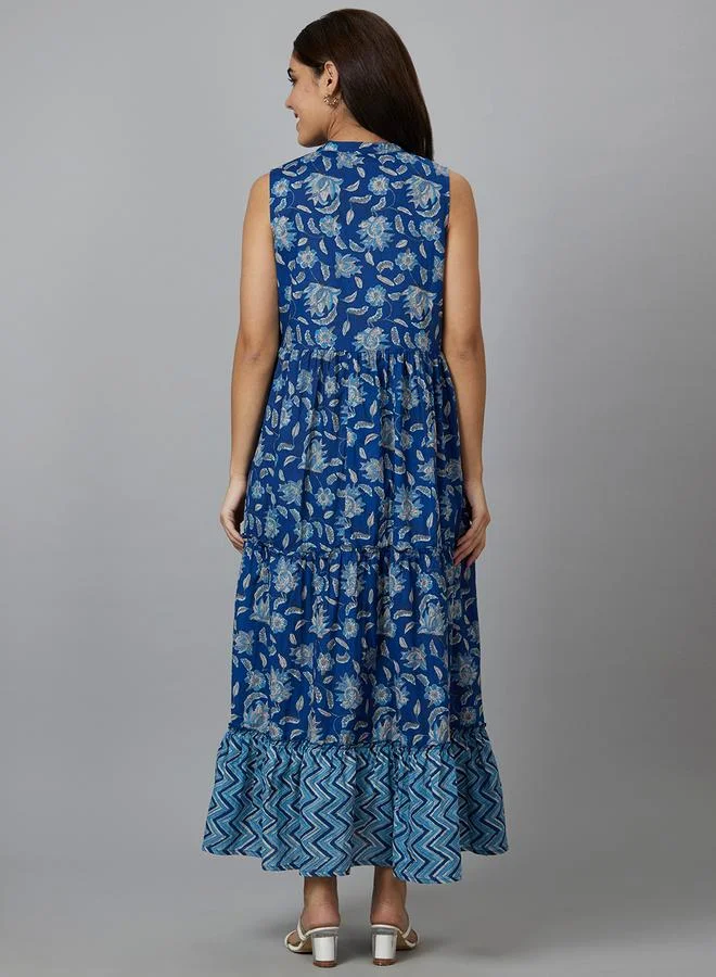 globus Globus Women Blue Floral Printed Sleeveless Tiered Maxi Dress