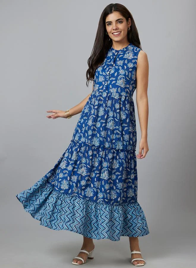 globus Globus Women Blue Floral Printed Sleeveless Tiered Maxi Dress