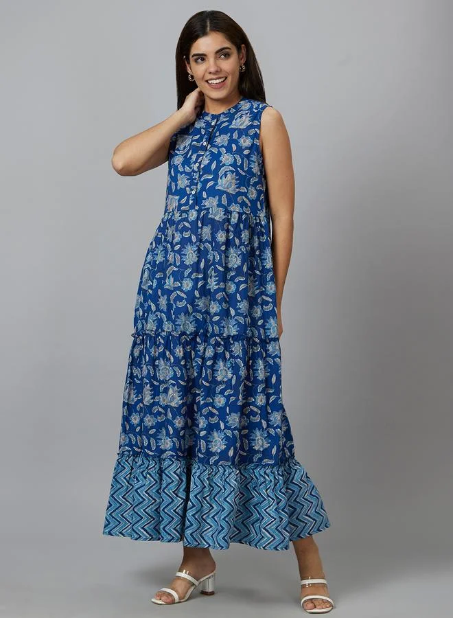 globus Globus Women Blue Floral Printed Sleeveless Tiered Maxi Dress