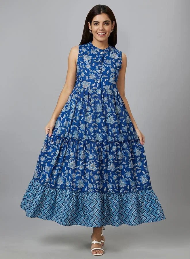 globus Globus Women Blue Floral Printed Sleeveless Tiered Maxi Dress