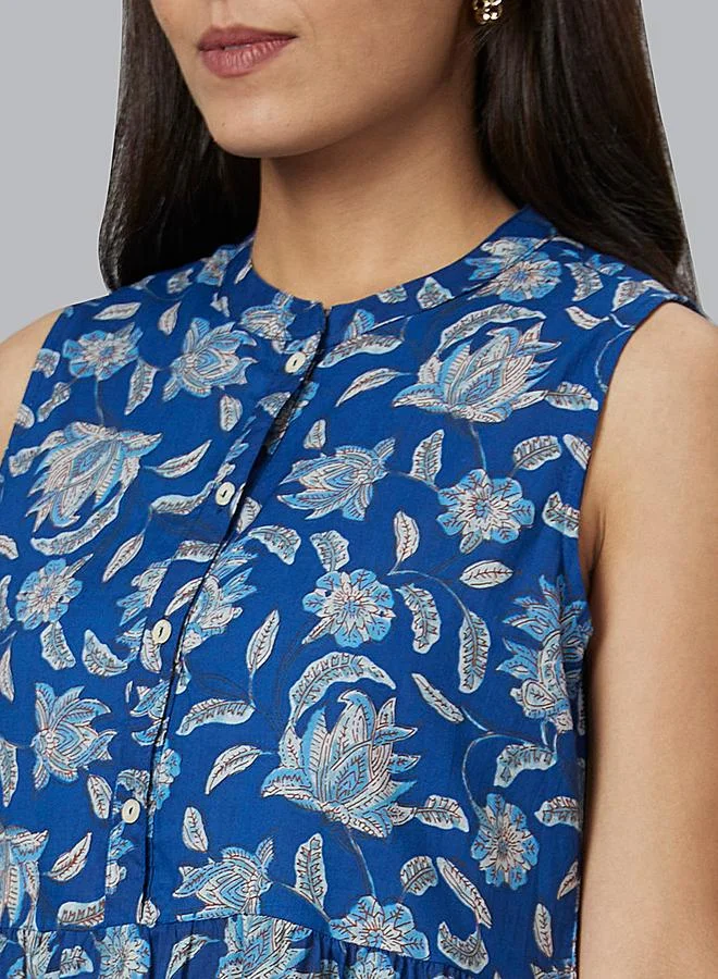 globus Globus Women Blue Floral Printed Sleeveless Tiered Maxi Dress