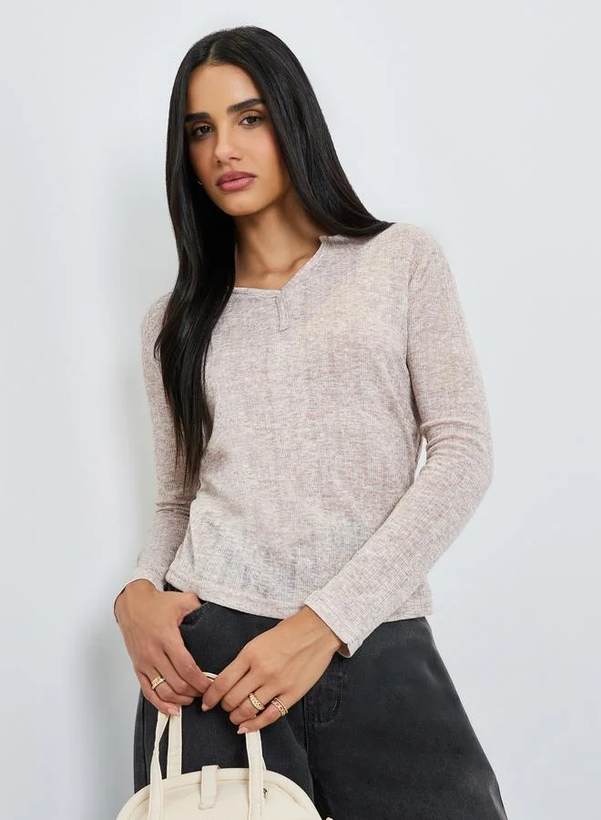 Styli Beige Textured Notch Neck T-Shirt