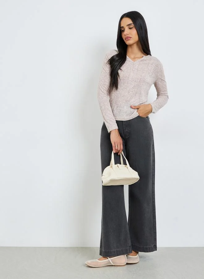 Styli Beige Textured Notch Neck T-Shirt
