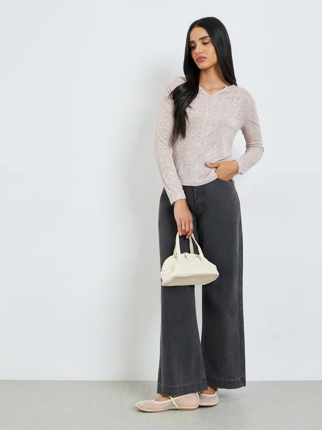 Styli Styli Beige Textured Notch Neck T-Shirt