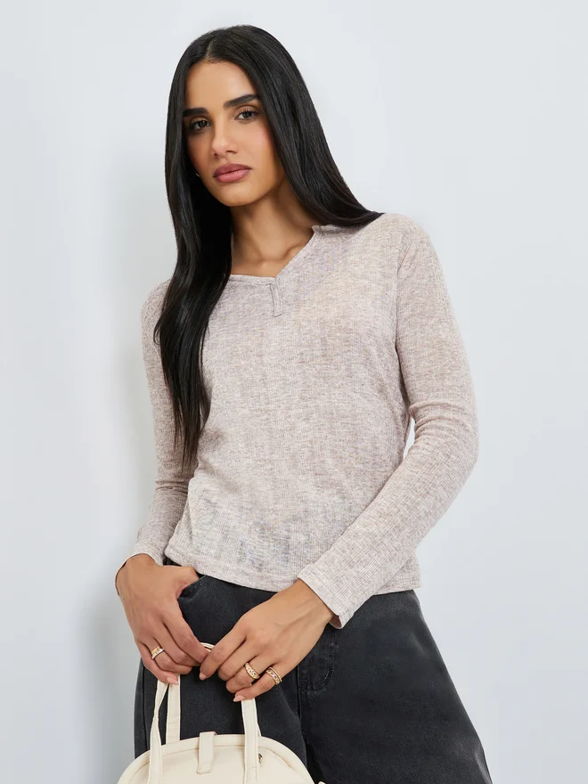 Styli Styli Beige Textured Notch Neck T-Shirt