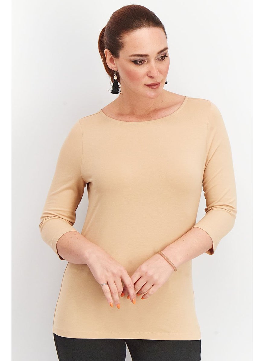 Tchibo Women Boat Neck Long Sleeve Solid Top, Beige  - Image 1