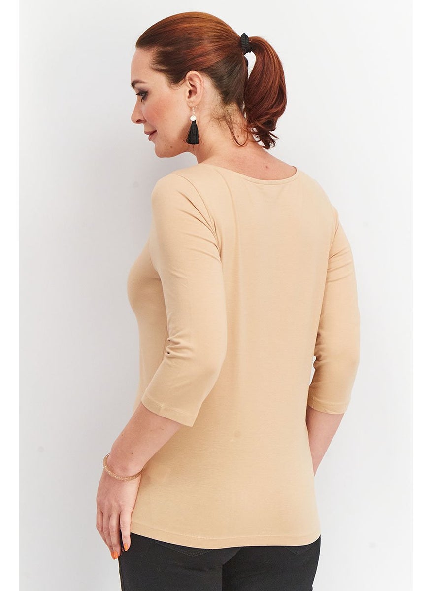 Tchibo Women Boat Neck Long Sleeve Solid Top, Beige  - Image 2