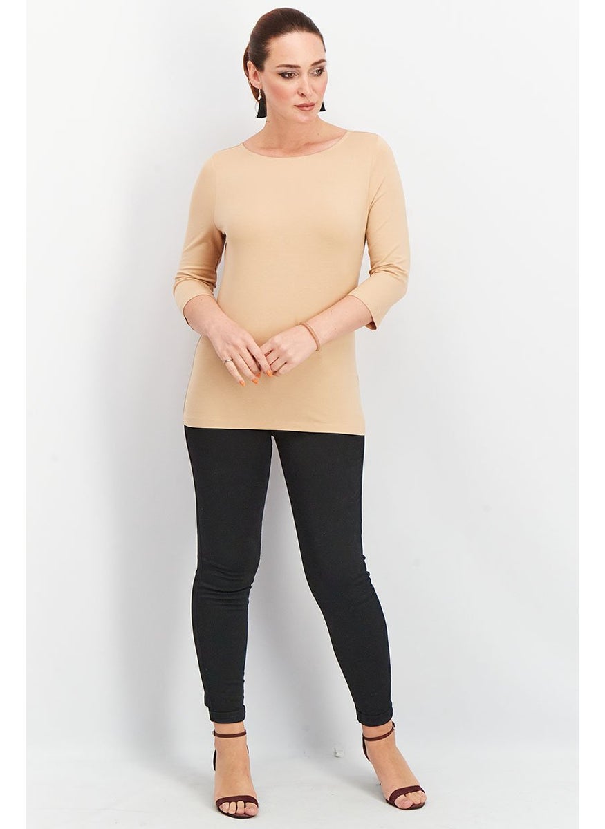 Tchibo Women Boat Neck Long Sleeve Solid Top, Beige  - Image 4
