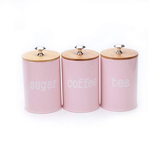 X022S Set of 3 Metal Food Storage Tin CanisterJar with Bamboo Lid matte pink