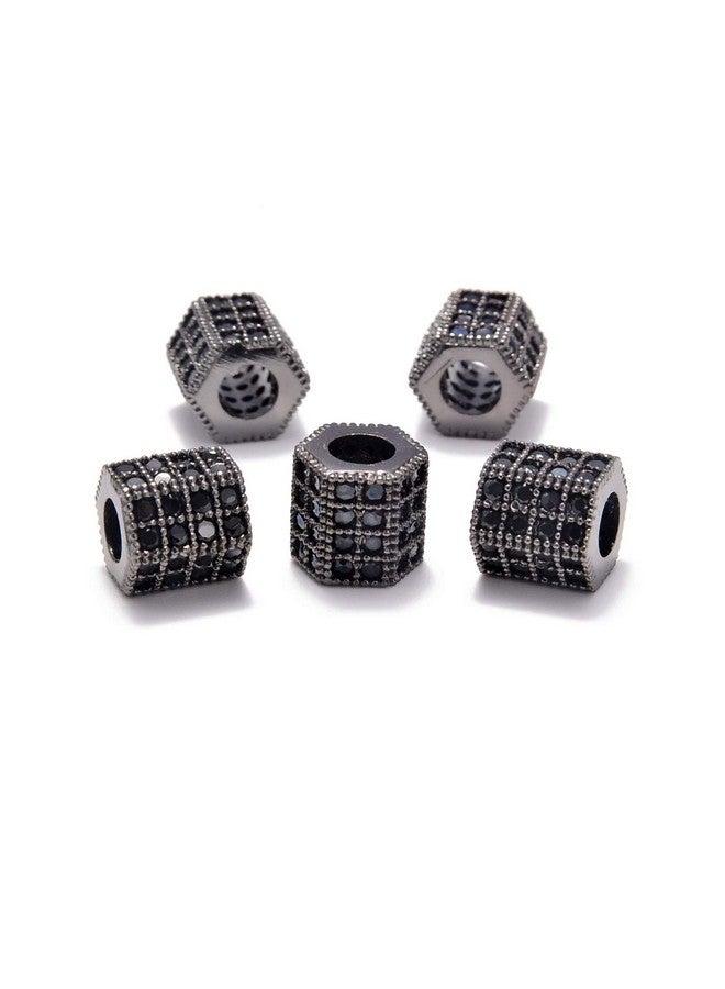 AD BEADS Zircon Pave Rhinestones Big Hole Hexagon Spacer Beads 7X8Mm 5Pcs Black On Gunmetal - Image 1