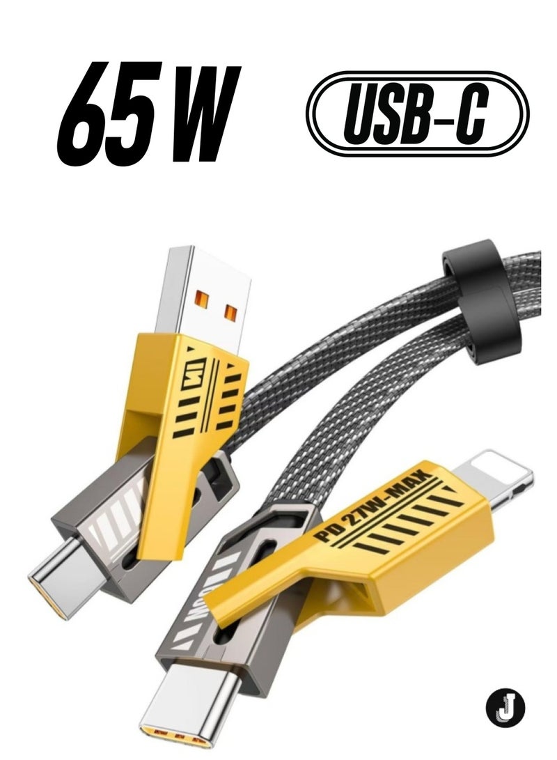 JAJEEK "New 65W 4-in-1 Fast Charging Cable – Flat Braided USB C to USB C, Type C, USB A & Lightning for iPhone, iPad, Samsung (3ft)" - Image 1