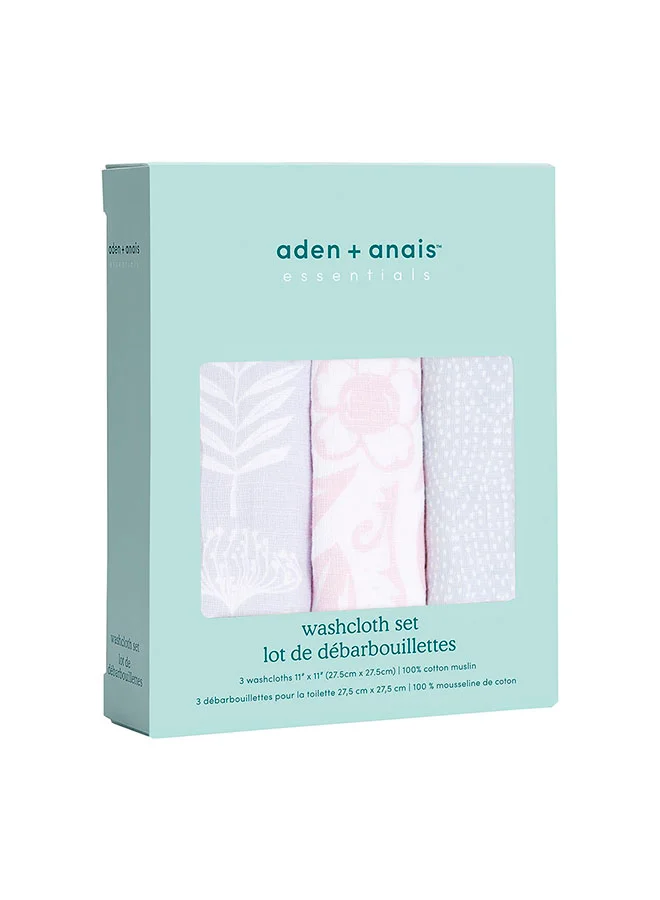 aden + anais Essentials Washclothpack of 3, Damsel, 100% Cotton Muslin, Bath And Shower Flannel For Babies, Unisex Gift Set For A Baby Shower, Wash Essentials For Newborns