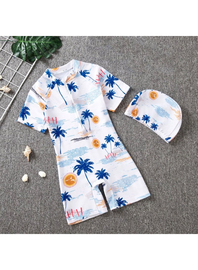 Generic Summer Children's Swimwear Girls' Small And Medium-sized Children's Swimwear Swimwear Cartoon Boys' Short-sleeved Suit-Color:9802#+swimming Cap-Size:3XL 130-140CM  - Image 1
