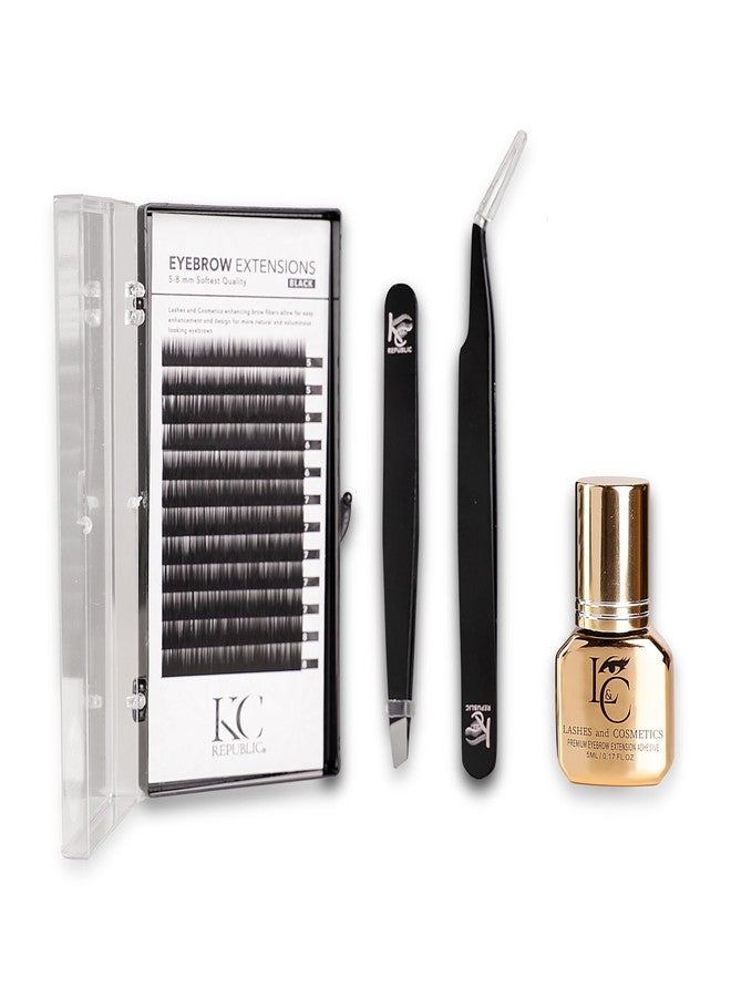 KC Republic Lash Eyebrow Extensions Kit with 1 x Trays of Mink False Eyebrows in Black Comes on Mixed Length Trays 5-8 mm Mix, Glue Clear & Dual Pack (Straight & Curved Tip) Extension Tweezers - Image 1