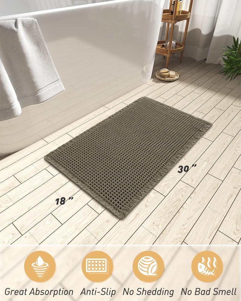 AMOAMI Upgraded Waffle Bath Mat, Super Absorbent Non Slip Bath Mats for Bathroom Floor, Machine Washable Bathroom Rugs with Tassels, Rubber Backed Bathroom Mats, Ultra Soft, 18" x 30", Green - Image 2