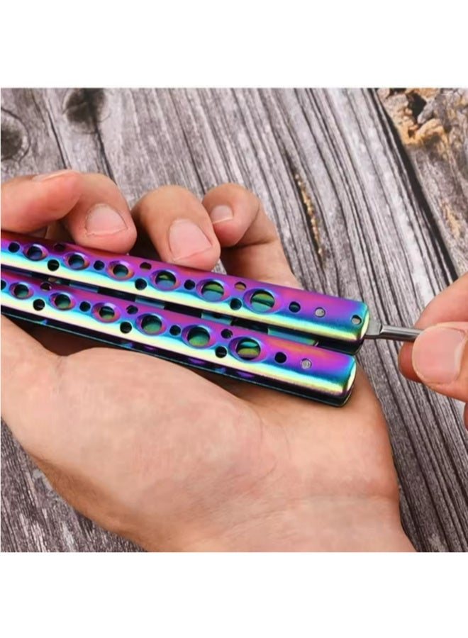 1PCS Butterfly Knife Trainer Rainbow No Offensive Stainless Steel Butterfly Training Knife for Beginner Practice Knives Trainer Tool-Rainbow - Image 5
