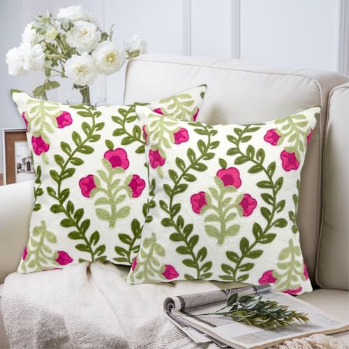 Alysheer Summer Decorative Throw Pillow Covers 18x 18 Set of 2 Floral Embroidered Farmhouse Hot Pink Flowers Green Vine Patterned Cotton Canvas Cushion Case for Sofa Couch Bed Living Room Decor - Image 3