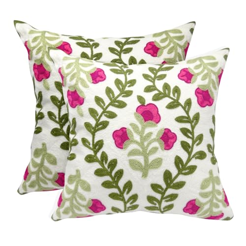 Alysheer Summer Decorative Throw Pillow Covers 18x 18 Set of 2 Floral Embroidered Farmhouse Hot Pink Flowers Green Vine Patterned Cotton Canvas Cushion Case for Sofa Couch Bed Living Room Decor - Image 1