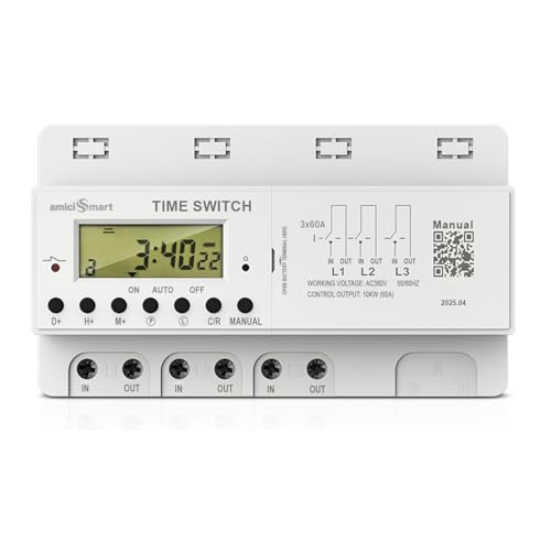 amiciSmart 380V 60A Digital Timer Switch – Programmable Weekly Timer Relay with 32 ON/Off Settings, LCD Display, AA Battery Backup, for Industrial & Heavy Load Use – 3 Phase, 50Hz - Image 1