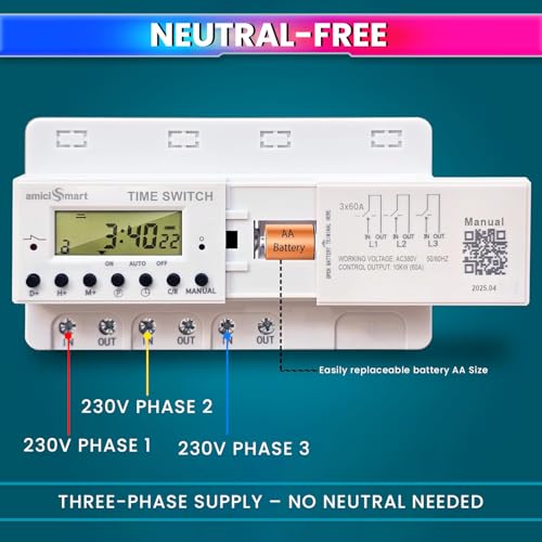 amiciSmart 380V 60A Digital Timer Switch – Programmable Weekly Timer Relay with 32 ON/Off Settings, LCD Display, AA Battery Backup, for Industrial & Heavy Load Use – 3 Phase, 50Hz - Image 4