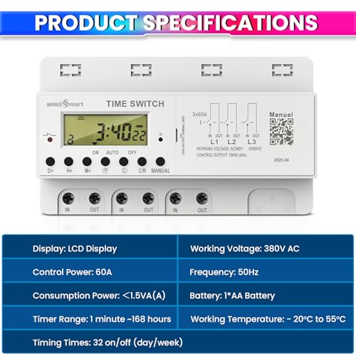 amiciSmart 380V 60A Digital Timer Switch – Programmable Weekly Timer Relay with 32 ON/Off Settings, LCD Display, AA Battery Backup, for Industrial & Heavy Load Use – 3 Phase, 50Hz - Image 3
