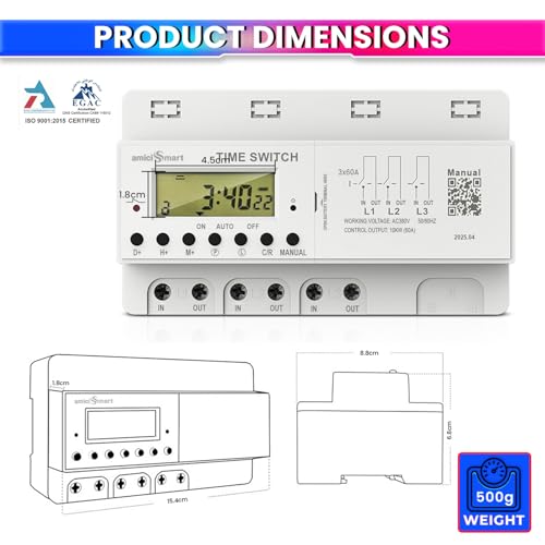 amiciSmart 380V 60A Digital Timer Switch – Programmable Weekly Timer Relay with 32 ON/Off Settings, LCD Display, AA Battery Backup, for Industrial & Heavy Load Use – 3 Phase, 50Hz - Image 5