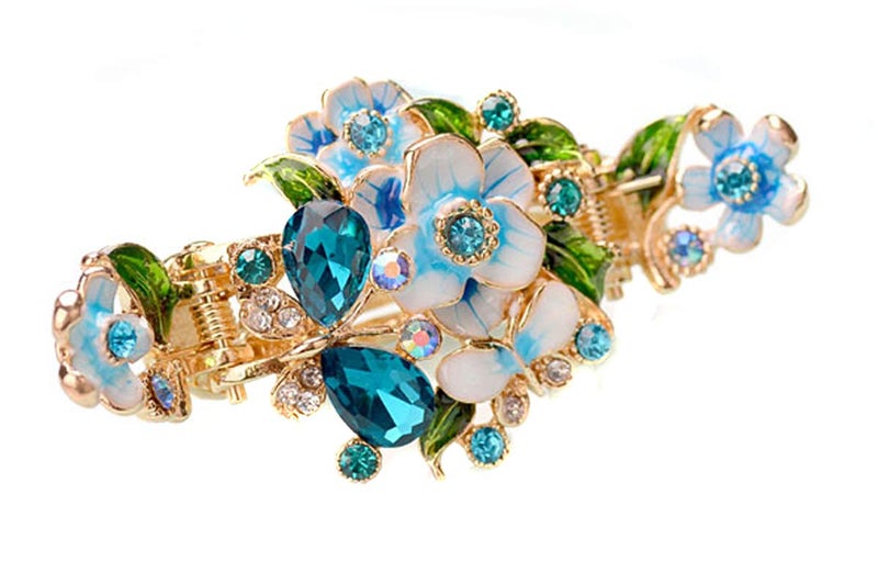 Suoirblss Rhinestone Metal Hair Claw on Dual Spring Vintage Enamel Painted Flowers Shiny Crystals Headdress Hair Clips Alloy Crab Clips Hair Accessories Blue