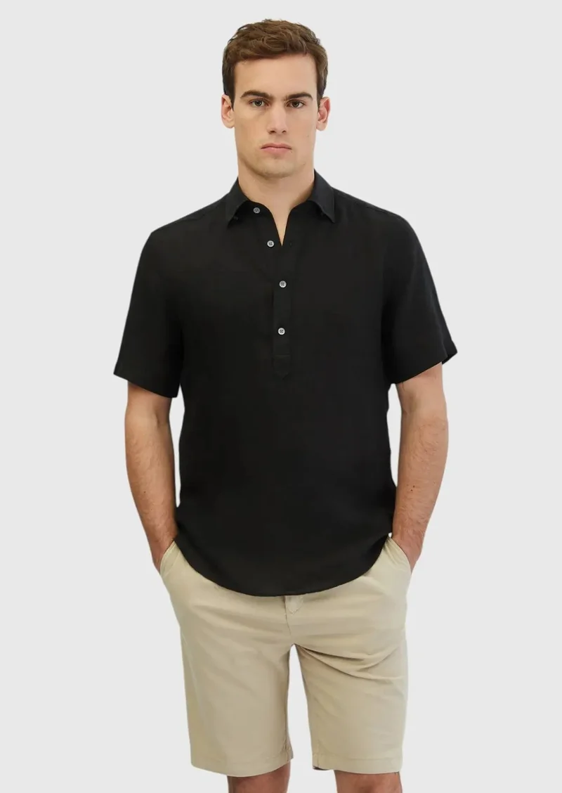 RAMSEY Black Plain Casual Fit Weaving Casual 100% Linen Shirt