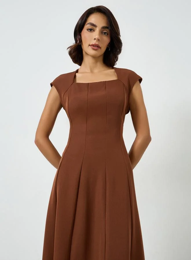 Take Two Coffee Brown Square Neck A-Line Midi Dress