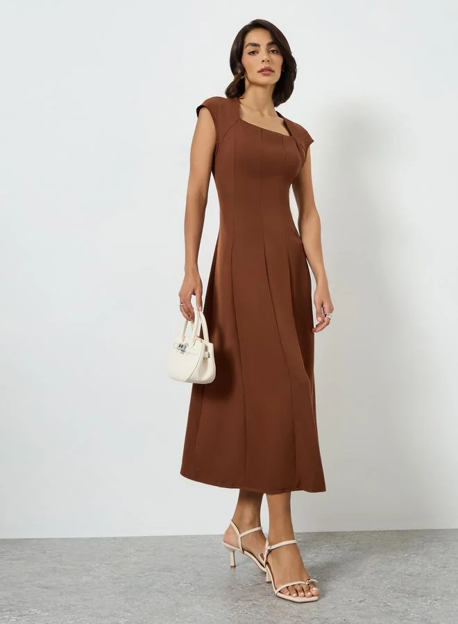 Take Two Coffee Brown Square Neck A-Line Midi Dress
