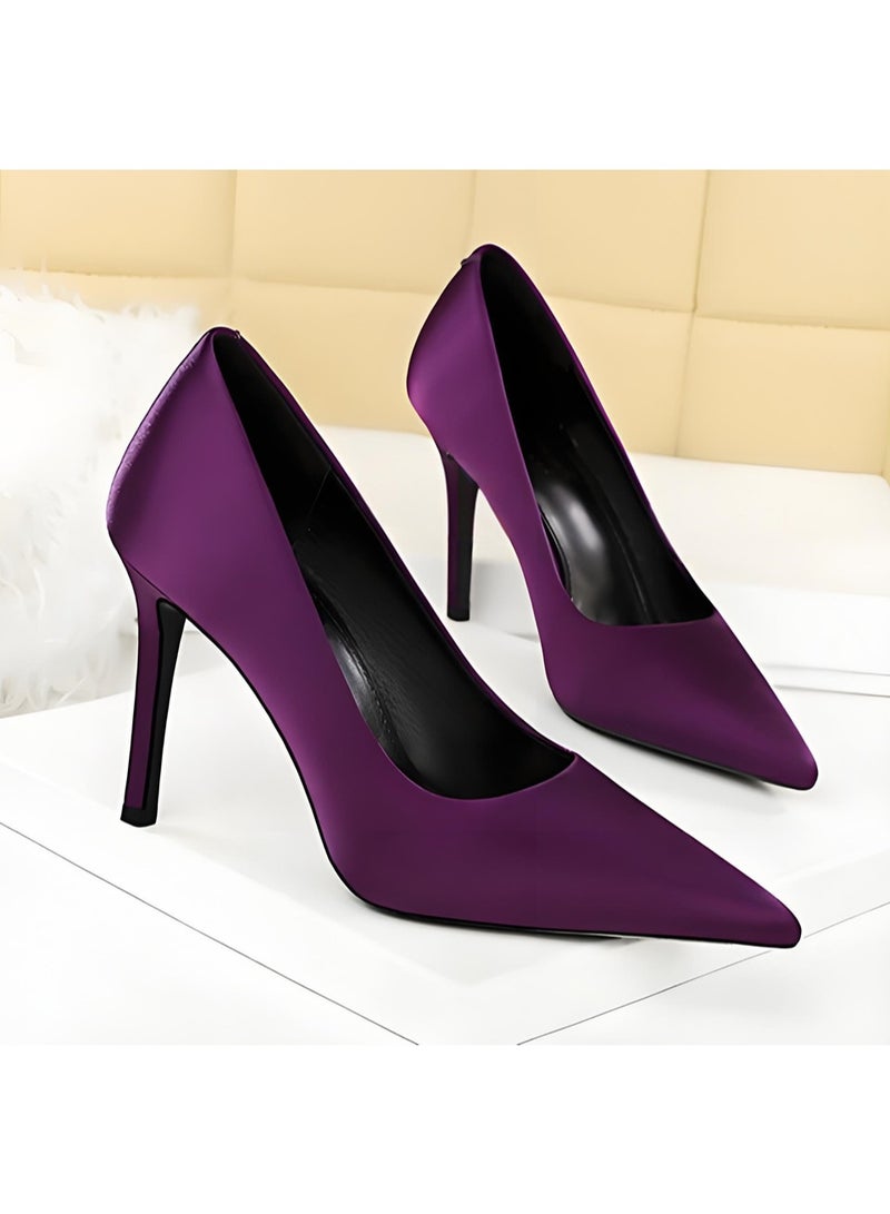 BIGTREE Women's Closed Pointed Toe Satin High Heels Stiletto Pumps Party Dress Shoes Purple 10CM - Image 2
