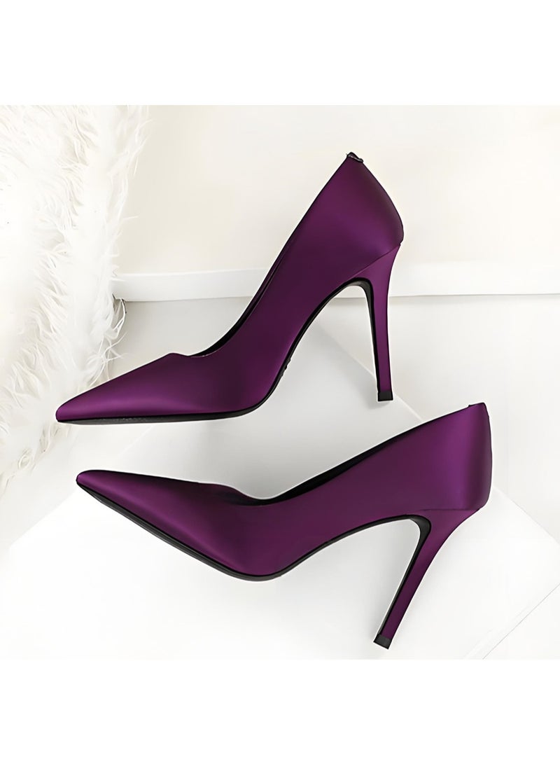 BIGTREE Women's Closed Pointed Toe Satin High Heels Stiletto Pumps Party Dress Shoes Purple 10CM - Image 3