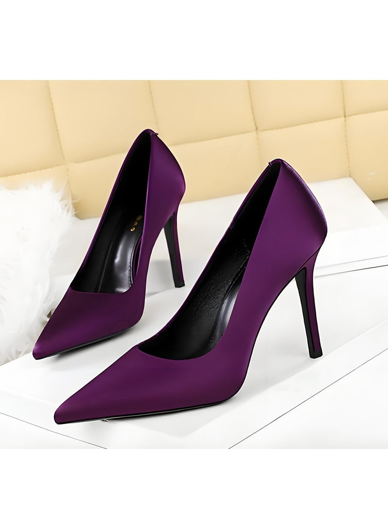 BIGTREE Women's Closed Pointed Toe Satin High Heels Stiletto Pumps Party Dress Shoes Purple 10CM - Image 1