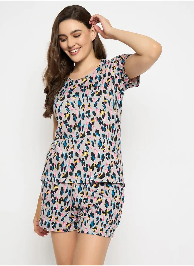 Clovia Clovia Animal Print Short Sleeve Top and Shorts Set