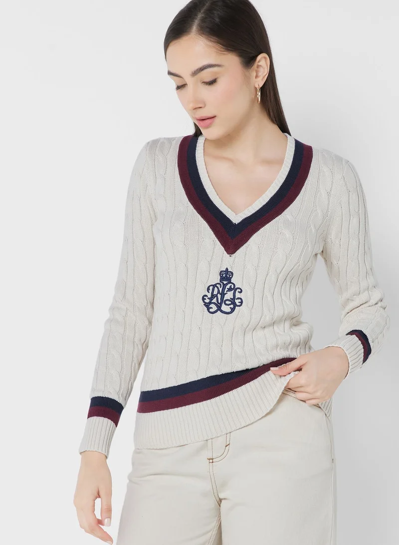 Lauren Ralph Lauren V-Neck Cable Knit Sweater