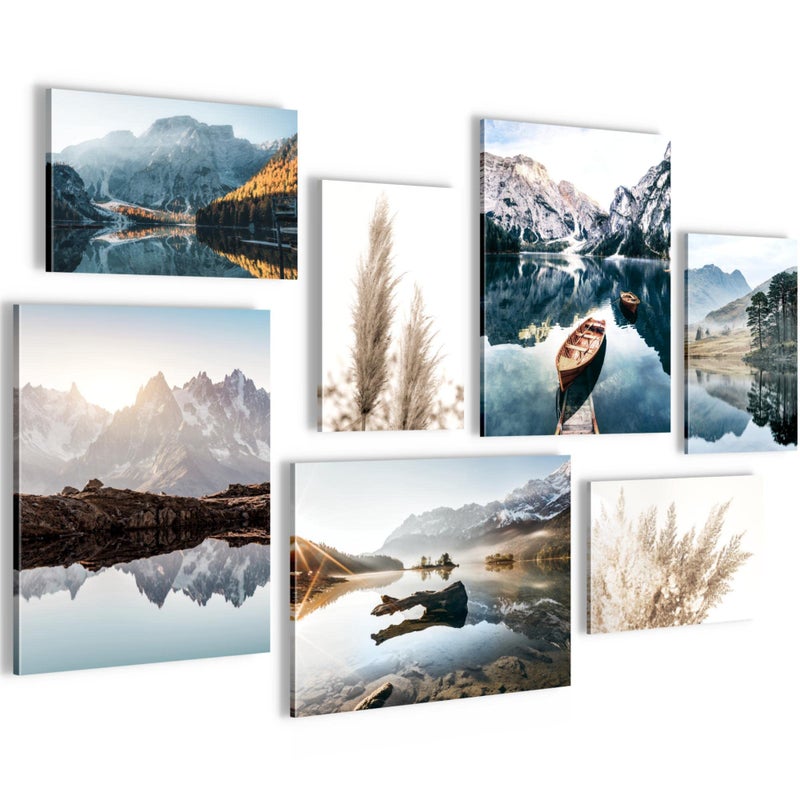 Novart Set of Canvas  COMPLETELY READY TO HANG  Pictures for Wall  Lake Mountains Blue  7 Pieces  Living Room Bedroom N003671a