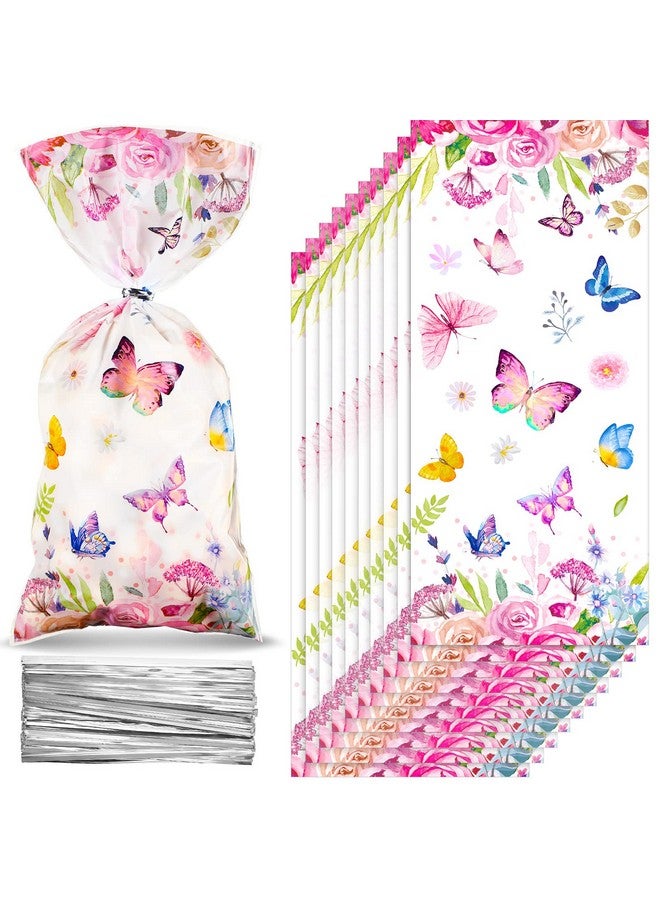 Pajean 100 Pcs Butterflies Cellophane Treat Bags Watercolor Flowers Butterfly Printed Goodie Candy Favor Bags With 100 Twist Ties For Butterfly Girls Birthday Baby Shower Summer Themed Party Supplies - Image 1