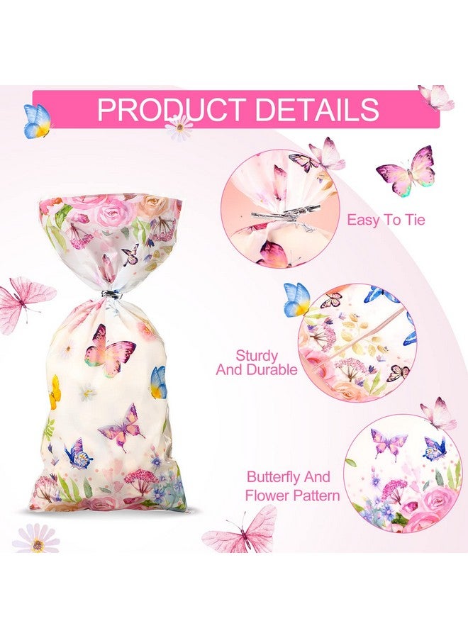 Pajean 100 Pcs Butterflies Cellophane Treat Bags Watercolor Flowers Butterfly Printed Goodie Candy Favor Bags With 100 Twist Ties For Butterfly Girls Birthday Baby Shower Summer Themed Party Supplies - Image 3