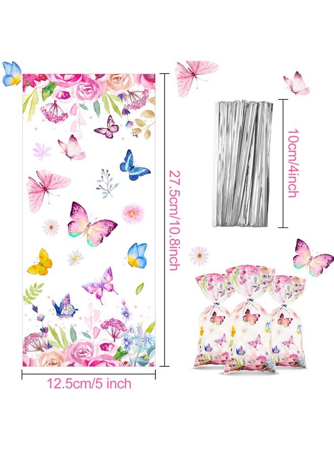 Pajean 100 Pcs Butterflies Cellophane Treat Bags Watercolor Flowers Butterfly Printed Goodie Candy Favor Bags With 100 Twist Ties For Butterfly Girls Birthday Baby Shower Summer Themed Party Supplies - Image 2