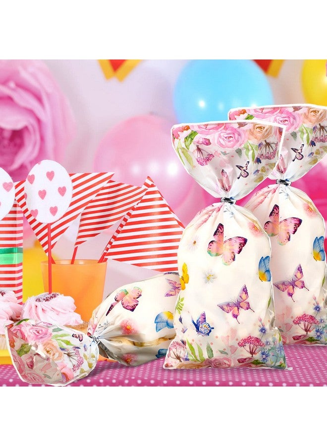 Pajean 100 Pcs Butterflies Cellophane Treat Bags Watercolor Flowers Butterfly Printed Goodie Candy Favor Bags With 100 Twist Ties For Butterfly Girls Birthday Baby Shower Summer Themed Party Supplies - Image 4