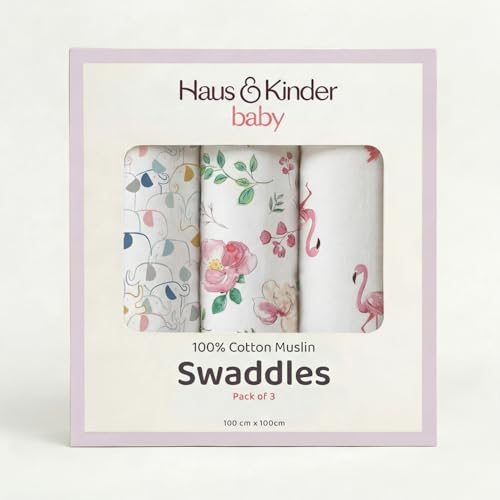 haus & kinder 100% Cotton Muslin Swaddle Wrap for New Born Baby | Pack of 3 (100×100 cm) | Baby Blanket & Swaddles for Newborn | Nature Nexus Collection - Image 2