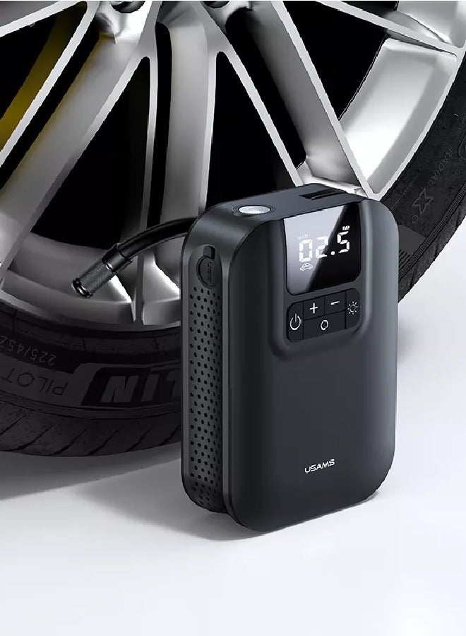 Usams Air Compressor Portable Electric LED Lights 5000mAh, Mini Portable Air Compressor with LED Pressure Sensor for Car, Bicycle, Motorcycle, Ball, Bike, Balloon, Black  - Image 2