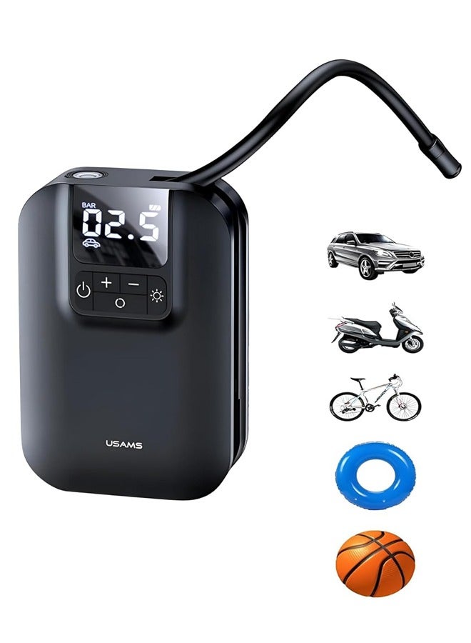 Usams Air Compressor Portable Electric LED Lights 5000mAh, Mini Portable Air Compressor with LED Pressure Sensor for Car, Bicycle, Motorcycle, Ball, Bike, Balloon, Black  - Image 1