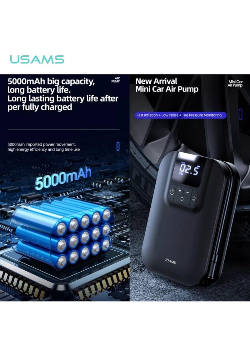 Usams Air Compressor Portable Electric LED Lights 5000mAh, Mini Portable Air Compressor with LED Pressure Sensor for Car, Bicycle, Motorcycle, Ball, Bike, Balloon, Black  - Image 5