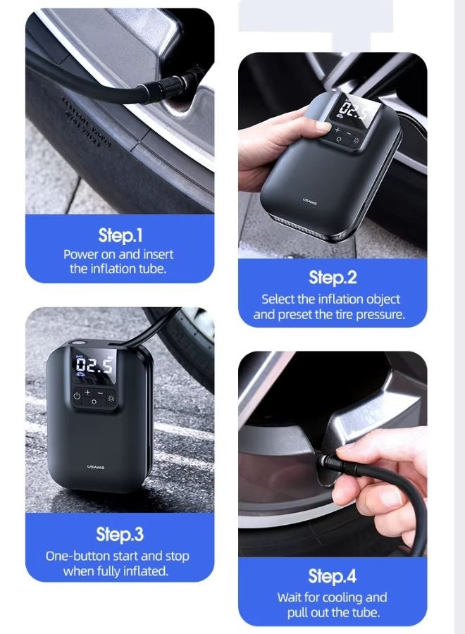 Usams Mini Car Air Pump with 5000mAh Battery – Portable Tire Inflator with LED Display, Preset Pressure & Auto-Stop, Emergency Light, Type-C Rechargeable, Inflates Car, Bike & Ball - Image 5